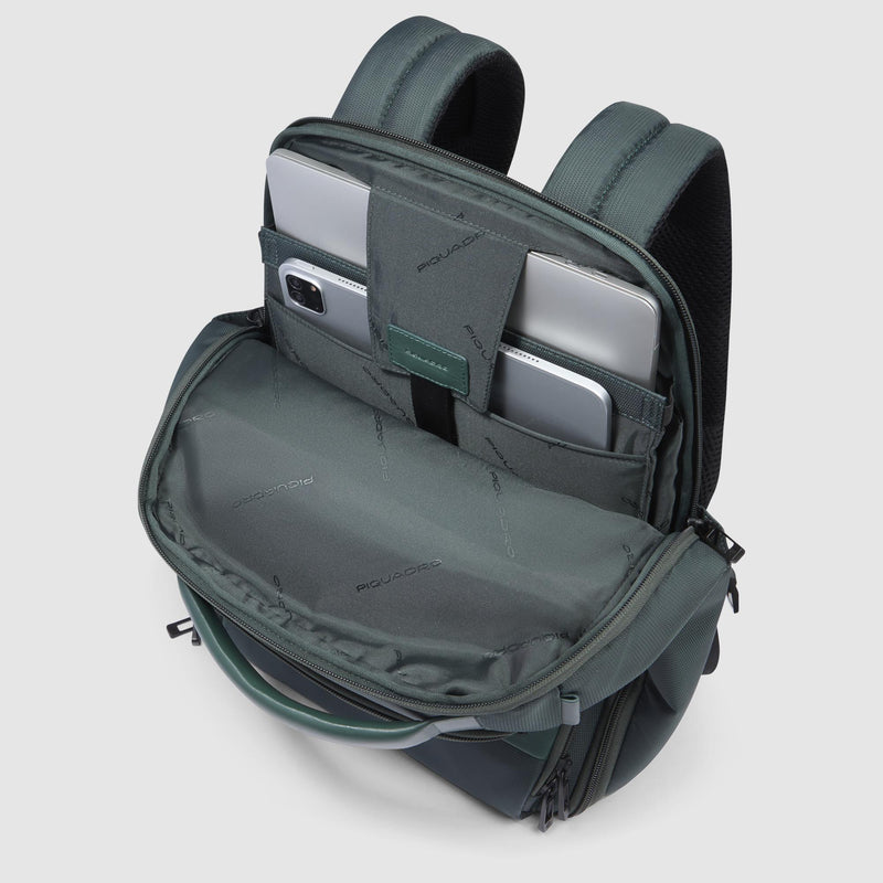 Zaini Piquadro Zaino Porta Pc Ipad Doppio Scomparto Due Tasche Frontali Laterali Tessuto Inserti Pelle Verde Scuro