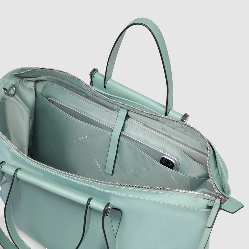 Borse Lavoro Piquadro Borsa Donna Porta Pc Ipad Quattro Manici Tasca Frontale Tessuto Inserti Pelle Verde Acqua