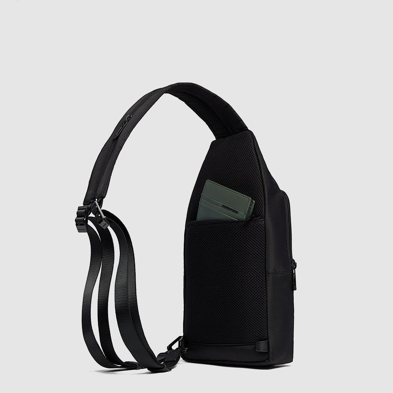 Monospalla Piquadro Uomo Porta Ipad Tasca Frontale Tessuto Inserti Pelle Nera