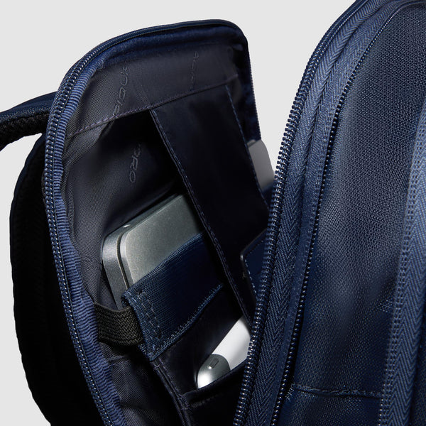 Zaini Piquadro Zaino Porta Pc Ipad Doppio Scomparto Due Tasche Frontali Laterali Tessuto Inserti Pelle Blu