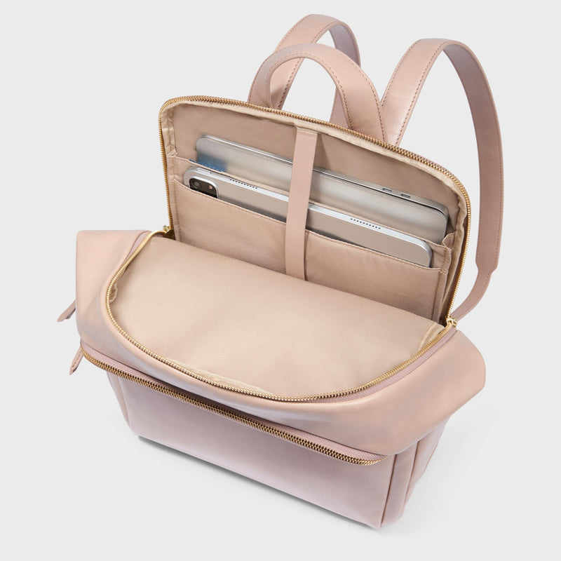 Zaini Piquadro Zaino Donna Porta Pc Ipad Doppio Scomparto Tasca Frontale Due Laterali Pelle Rosa Cipria