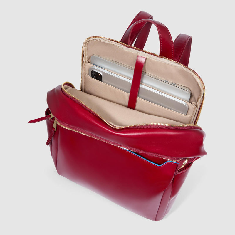 Zaini Piquadro Zaino Donna Porta Pc Ipad Doppio Scomparto Tasca Frontale Due Laterali Pelle Rossa