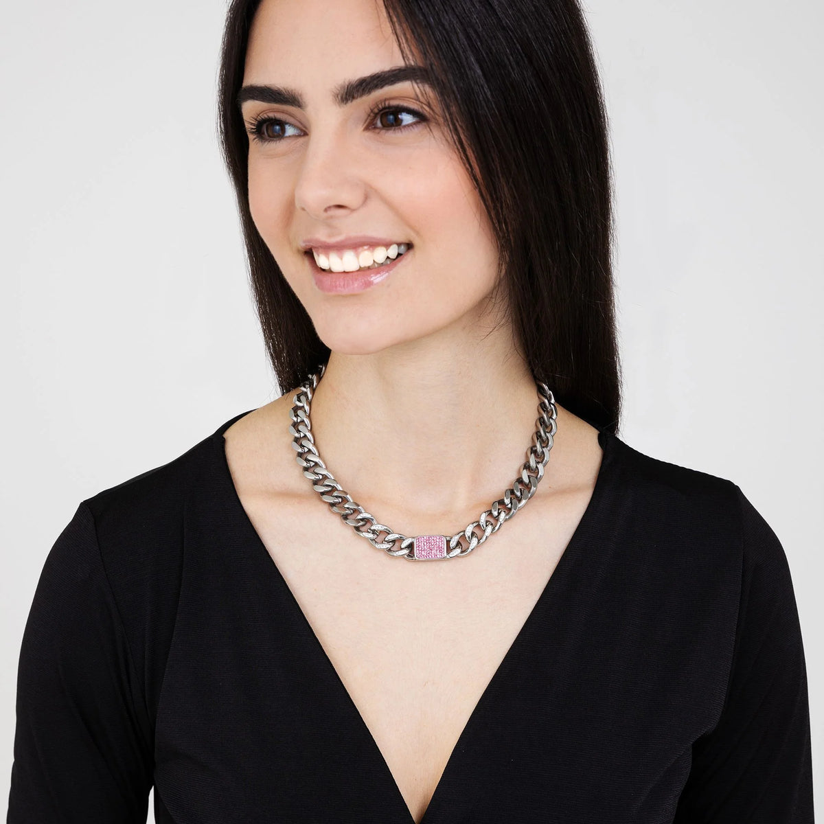 Collana Luca Barra Acciaio Maglia Grumetta Cristalli Ed Inserto Rettangolare Rosa