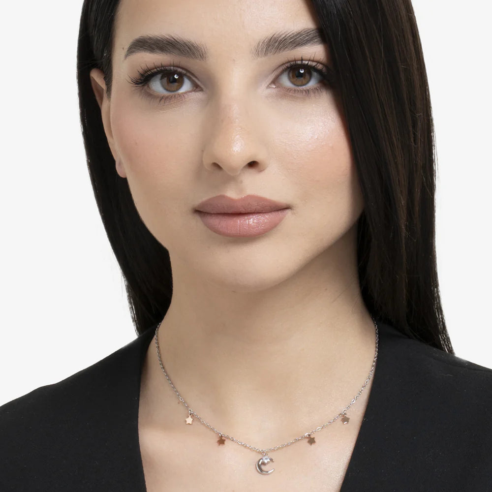 Collana Luca Barra Acciaio Luna con Zircone Bianco e Stelle Pvd Oro Rosa