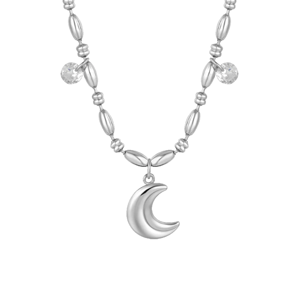 Collana Luca Barra Acciaio Centrale Maglia A Chicchi Di Riso Pendenti Mezzaluna e Cristalli
