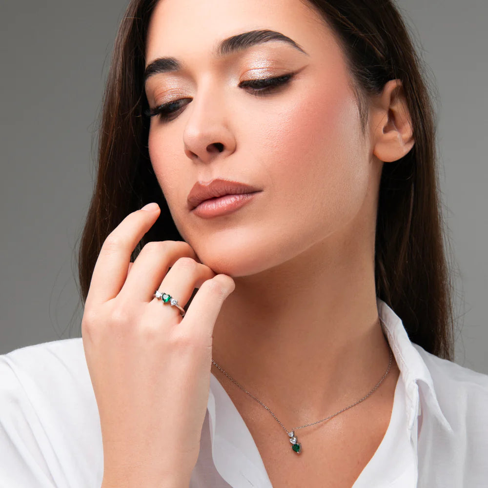 Collana Luca Barra Acciaio Pendente Trilogy 2 Cristalli Cuore Verde