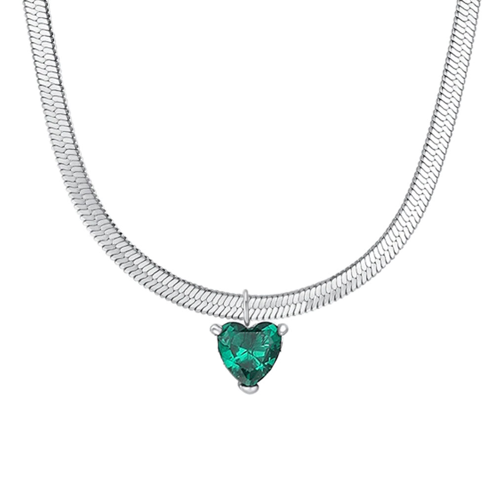 Collana Luca Barra Acciaio Maglia Snake Pendente Cristallo Verde Cuore