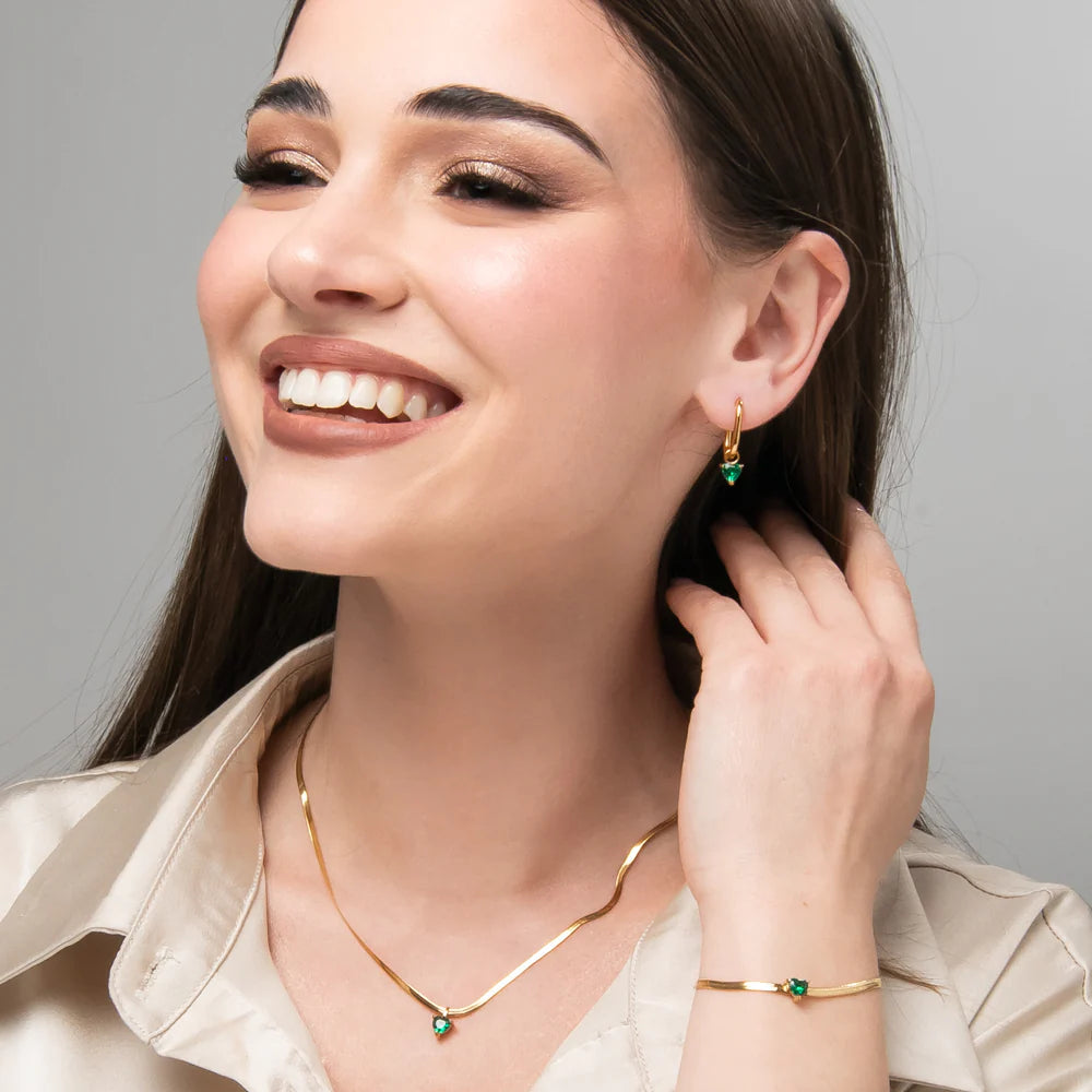 Collana Luca Barra Pvd Oro Maglia Snake Pendente Cristallo Verde Cuore