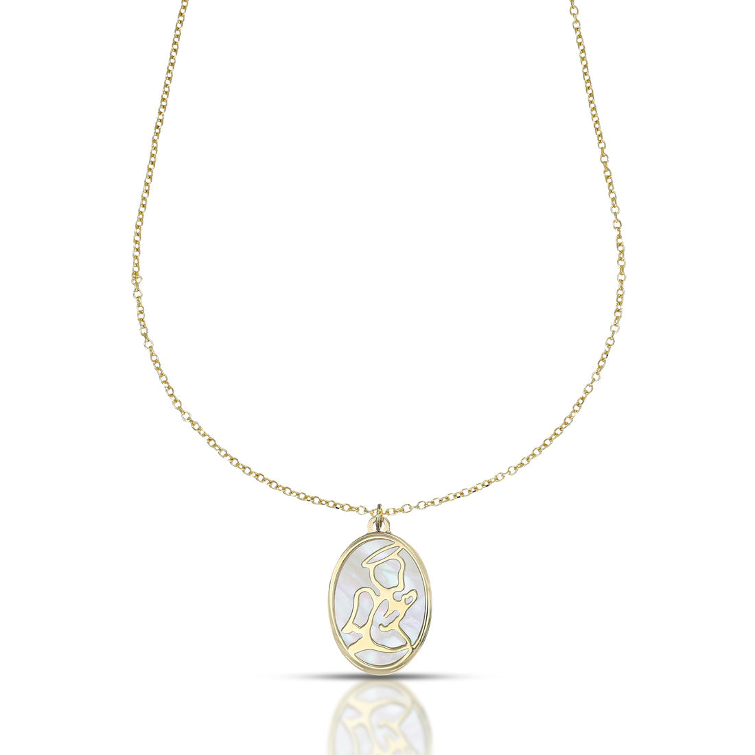 Collana Dana Custos Animae Oro Giallo 9 Kt Pendente Ovale Madreperla Angelo in Preghiera