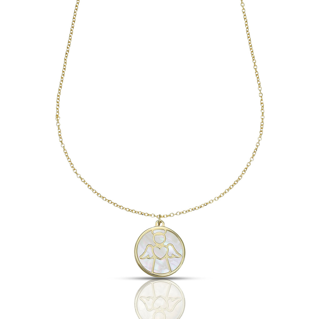 Collana Dana Custos Animae Oro Giallo 9 Kt Pendente Ovale Madreperla Angelo E Cuore