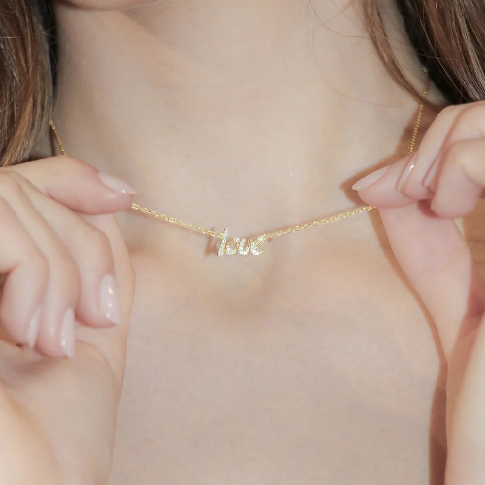 Collana Amen Cuori Argento Dorato Scritta Love e Zirconi