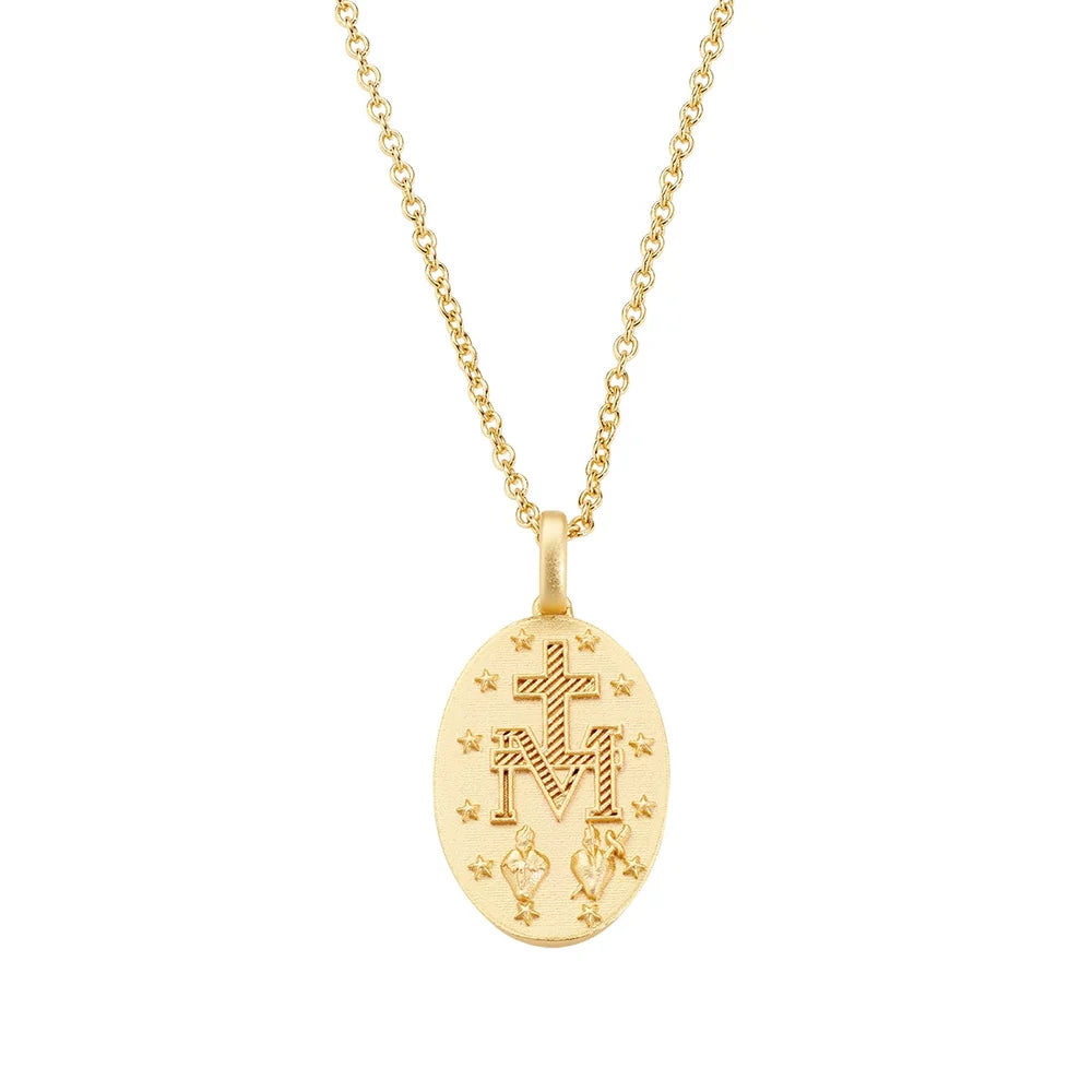 Collana Amen Sacro Argento Dorato Medaglia Ovale Madonna Miracolosa