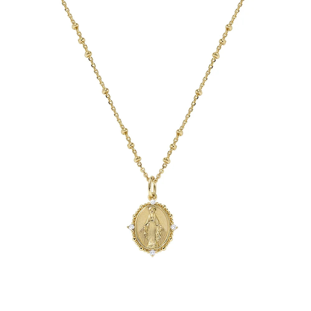 Collana Amen Sacri Argento Dorato Medaglia Ovale Madonna Miracolosa e Zirconi