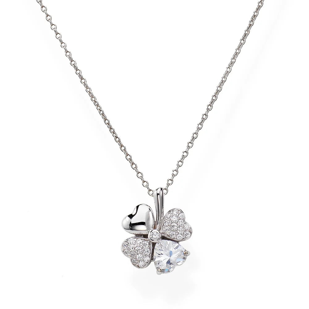 Collana Amen Amore Argento Pendente Quadrifoglio Cuori Zirconi