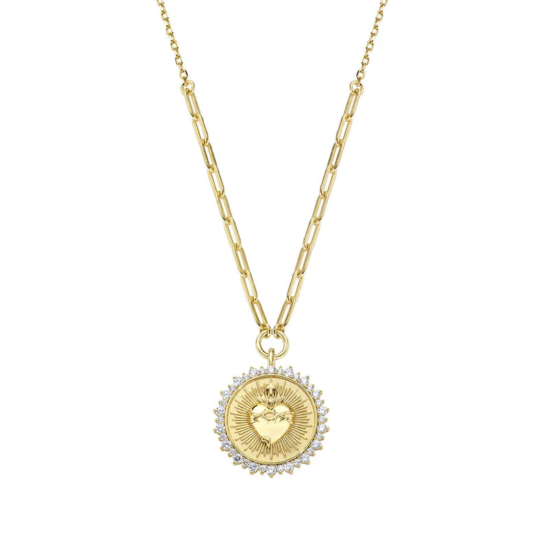 Collana Amen Sacri Argento Dorato Con Medaglia Tonda Sacro Cuore Ex Voto Luminoso E Zirconi