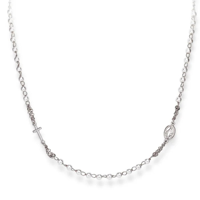 Collana Amen I Rosari Argento e Perle Con Croce Medaglia