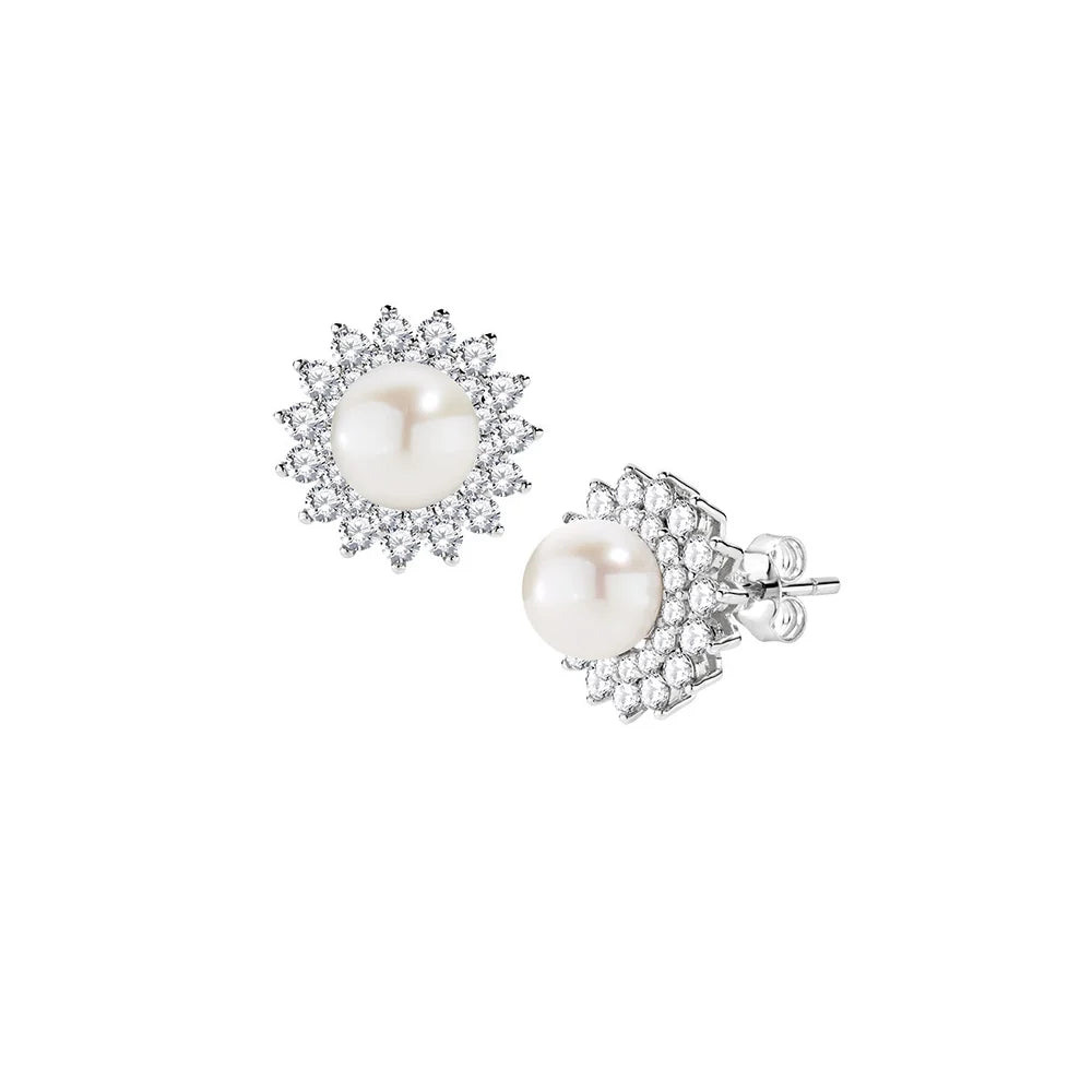 Orecchini Amen Perle Argento Fiore Perla Centrale e Doppio Giro Di Zirconi