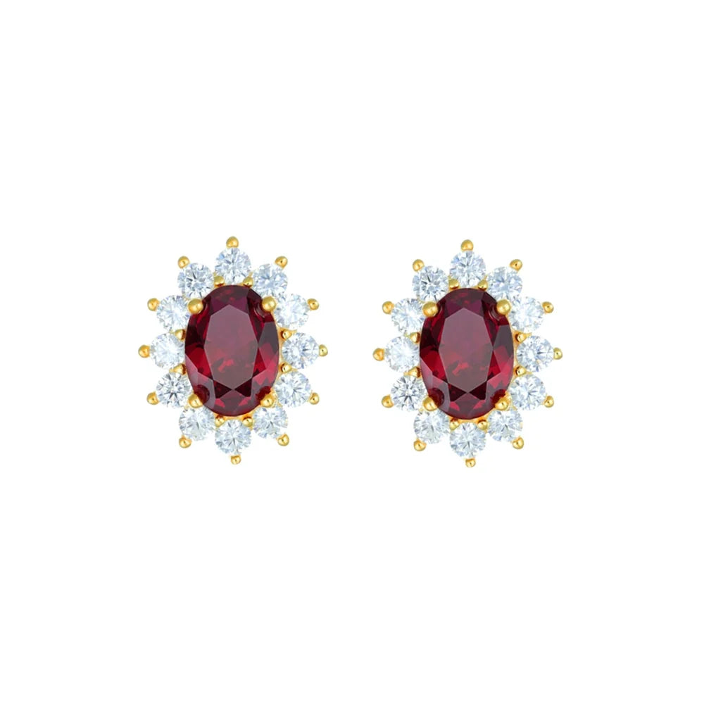 Orecchini Lobo Amen Lady Argento Dorato Zircone Ovale Rosso Contornato