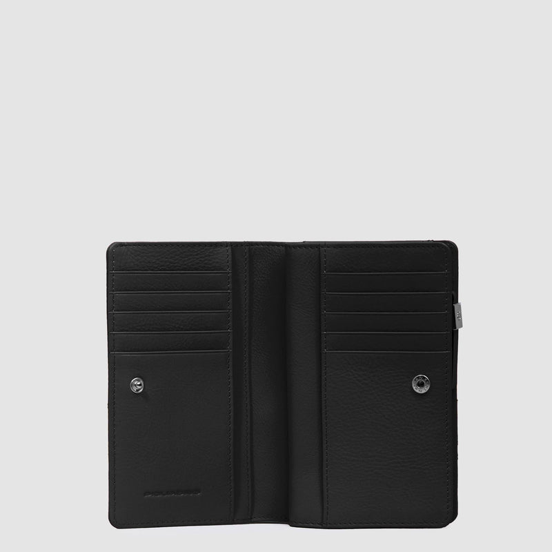 Portafogli Piquadro Portafoglio Donna Zip Portamonete Portadocumenti Tessuto Inserti Pelle Nera