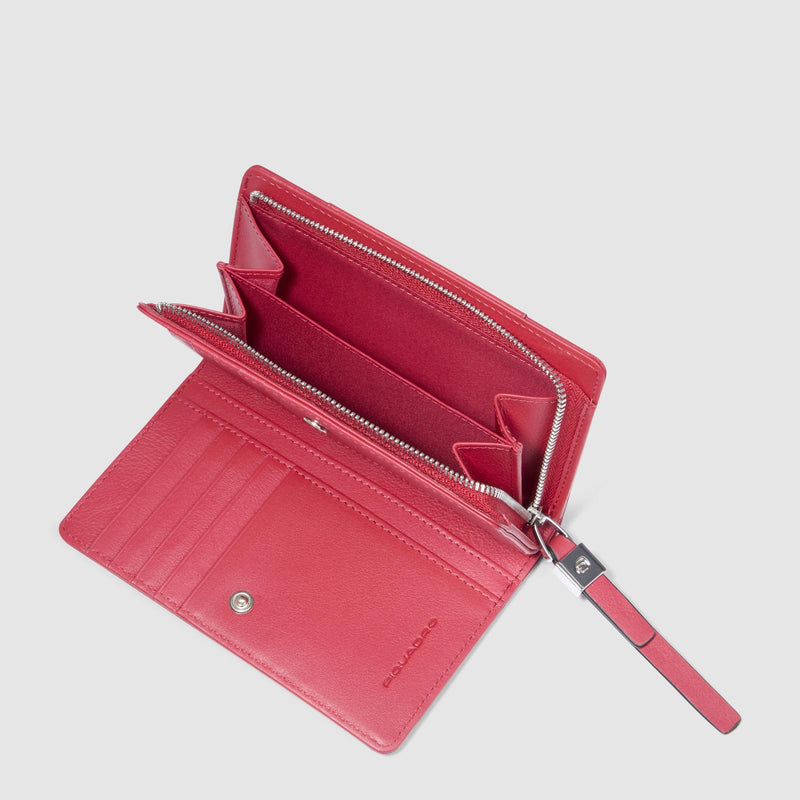 Portafogli Piquadro Portafoglio Donna Zip Portamonete Portadocumenti Tessuto Inserti Pelle Rossa