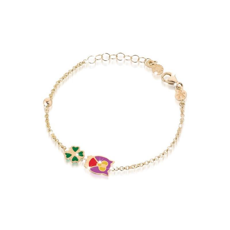 Bracciale Lebebé Prime Gioie Fortuna Oro Giallo 9 Kt Gufetto Smalto Multicolor e Quadrifoglio Verde