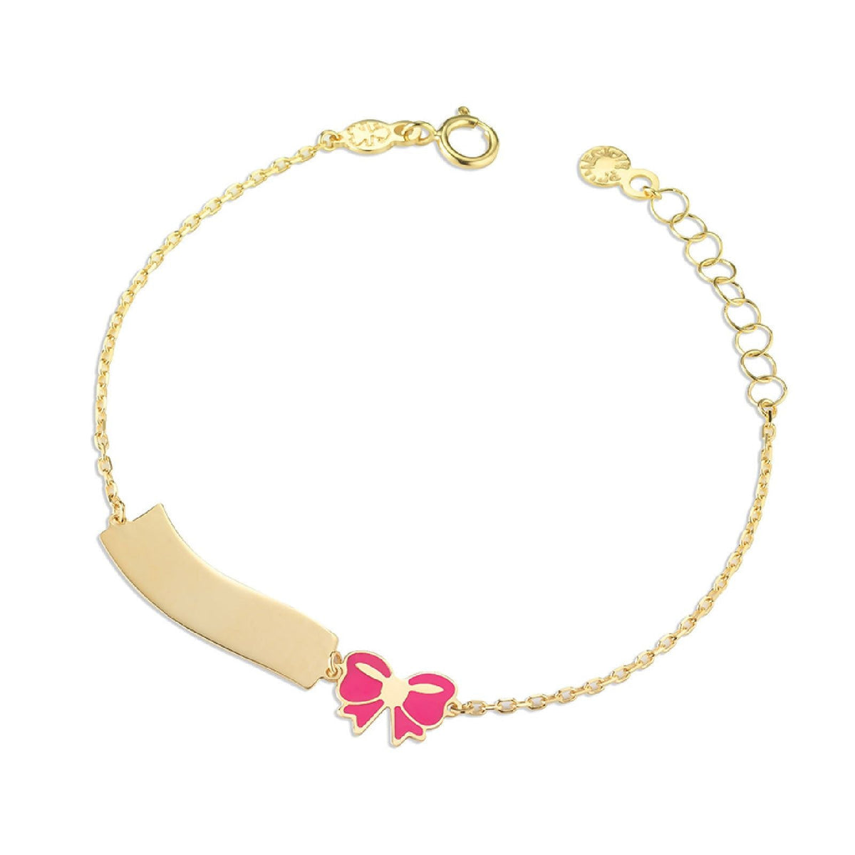 Bracciale Lebebé Prime Gioie Toys Oro Giallo 9 Kt Targhetta e Fiocco Smalto Rosa