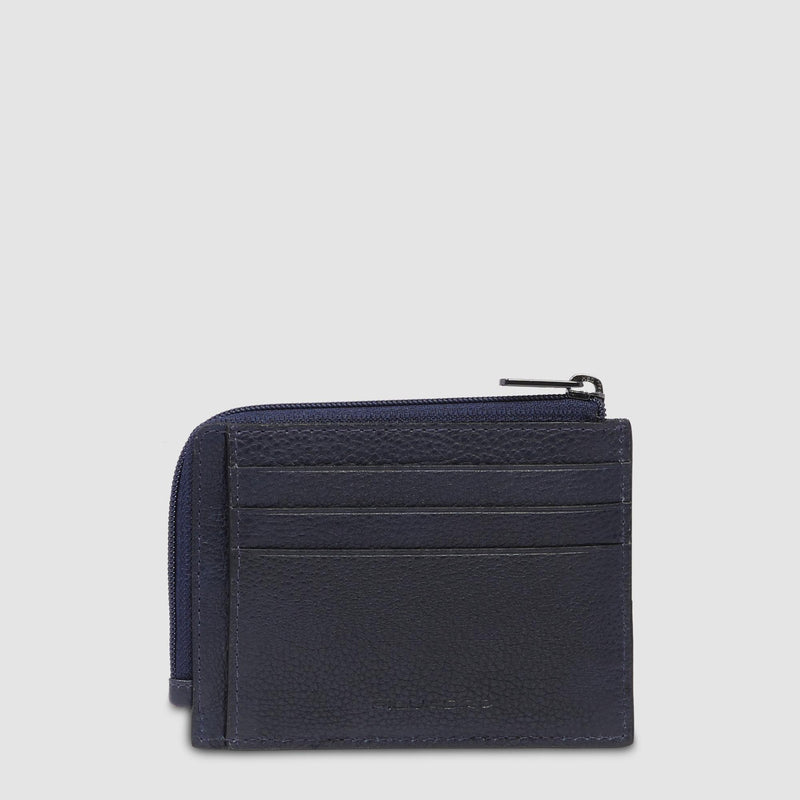 Portacarte Di Credito Piquadro Bustina Tascabile Zip Portamonete Pelle Martellata Blu