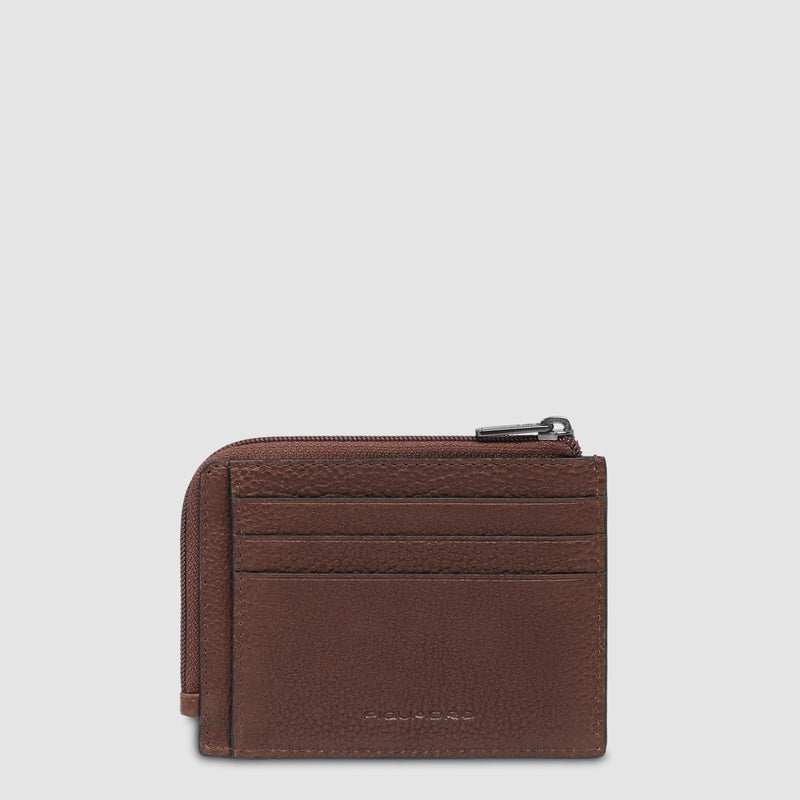Portacarte Di Credito Piquadro Bustina Tascabile Zip Portamonete Pelle Martellata Marrone