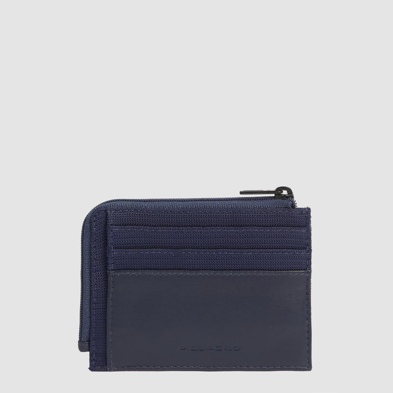 Portacarte Di Credito Piquadro Bustina Tascabile Zip Portamonete Tessuto E Inserti Pelle Blu