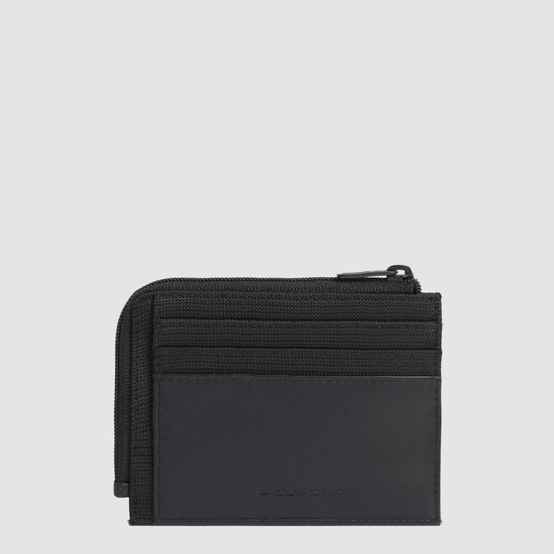 Portacarte Di Credito Piquadro Bustina Tascabile Zip Portamonete Tessuto E Inserti Pelle Nera