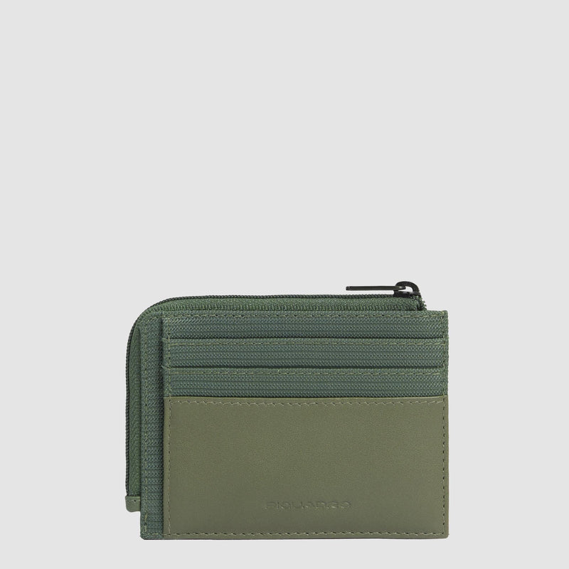 Portacarte Di Credito Piquadro Bustina Tascabile Zip Portamonete Tessuto E Inserti Pelle Verde