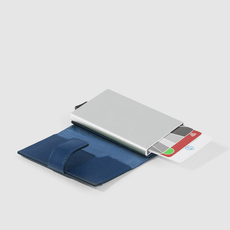 Portacarte Di Credito Piquadro Sliding System Porta Banconote Tessuto Inserti Pelle Blu