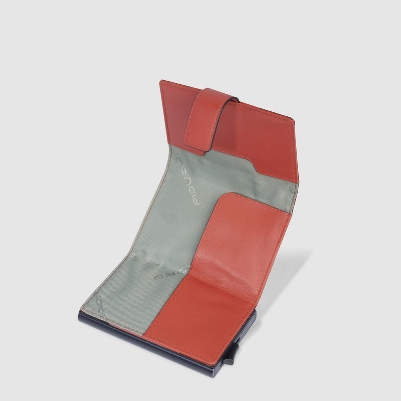 Portacarte Di Credito Piquadro Verticale Rigido Sistema Sliding System Porta Banconote Tessuto Inserti Pelle Arancione