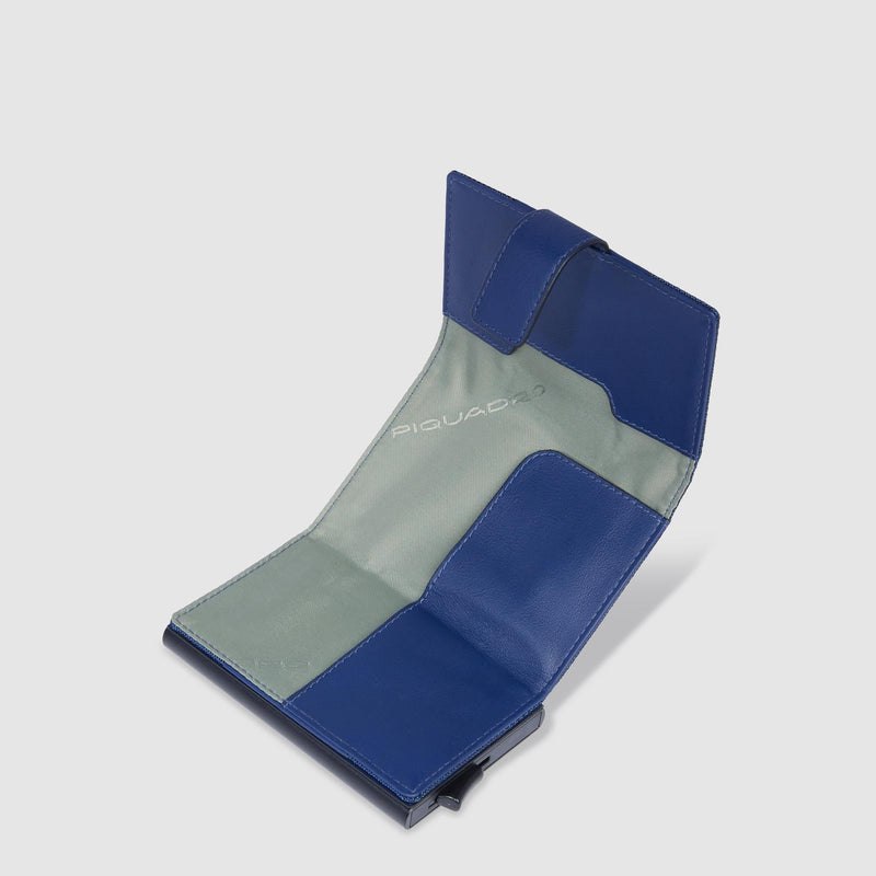 Portacarte Di Credito Piquadro Verticale Rigido Sistema Sliding System Porta Banconote Tessuto Inserti Pelle Blu
