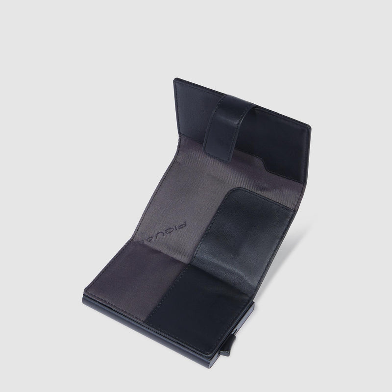 Portacarte Di Credito Piquadro Verticale Rigido Sistema Sliding System Porta Banconote Tessuto Inserti Pelle Nera