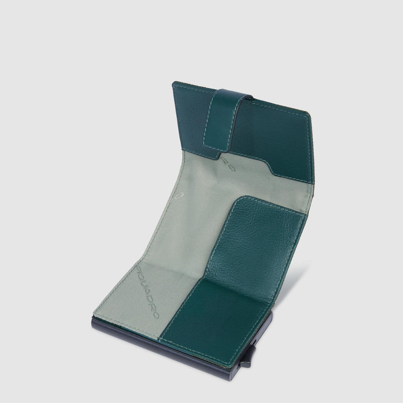 Portacarte Di Credito Piquadro Verticale Rigido Sistema Sliding System Porta Banconote Tessuto Inserti Pelle Verde