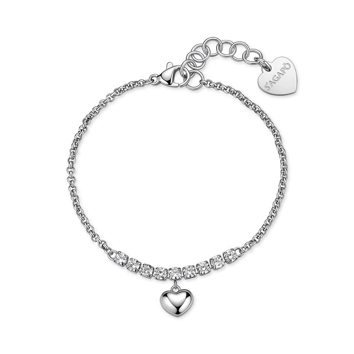 Bracciale Sagapò Aurora Acciaio Maglia Rolò Con Centrale Tennis Cristalli E Pendente Cuore