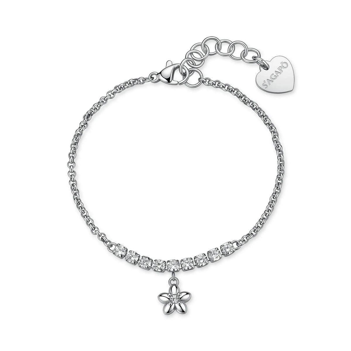 Bracciale Sagapò Aurora Acciaio Maglia Rolò Con Centrale Tennis E Pendente Fiore Cristallo