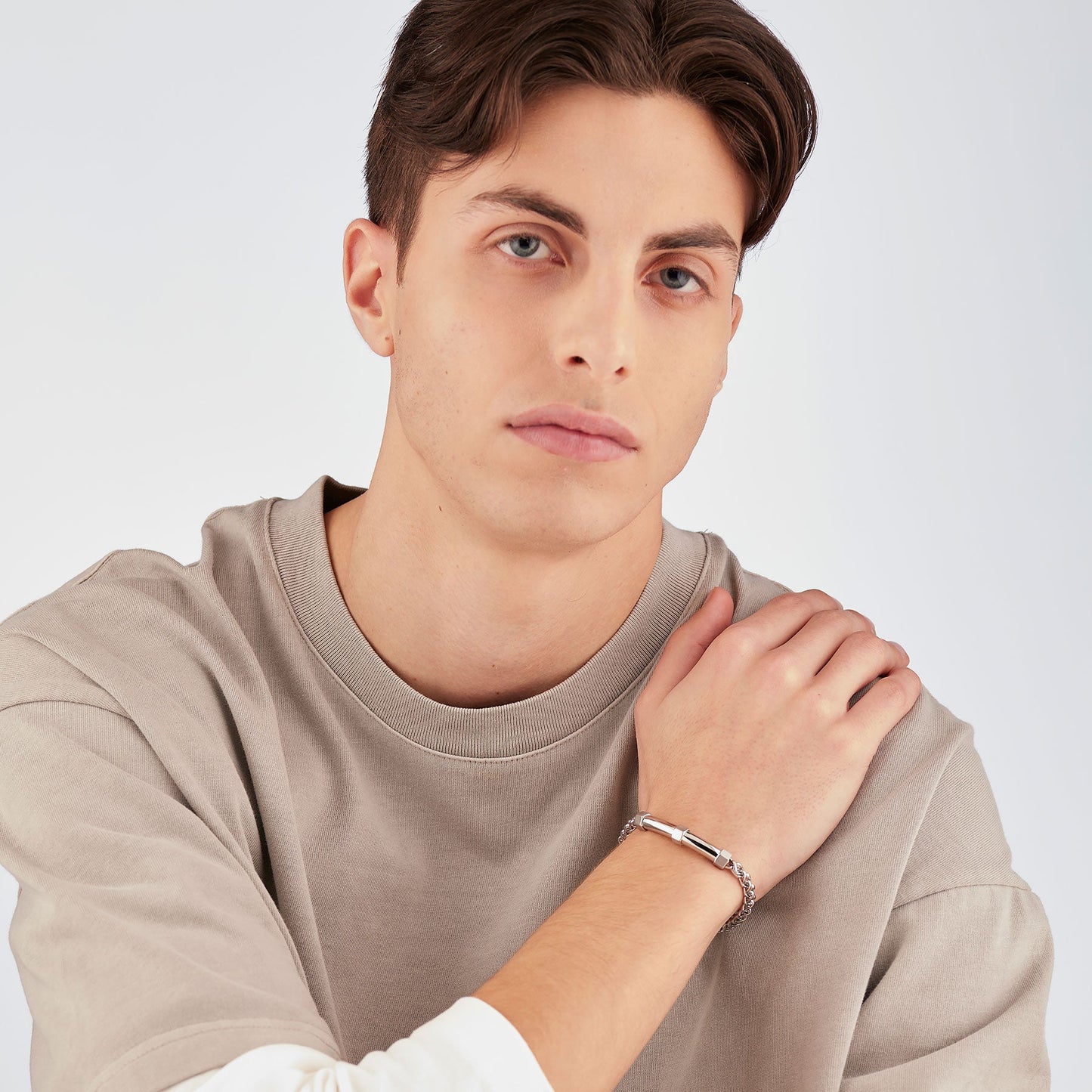 Bracciale Uomo Sagapò Bound Acciaio Maglia Spiga Piastrina Tubolare Centrale