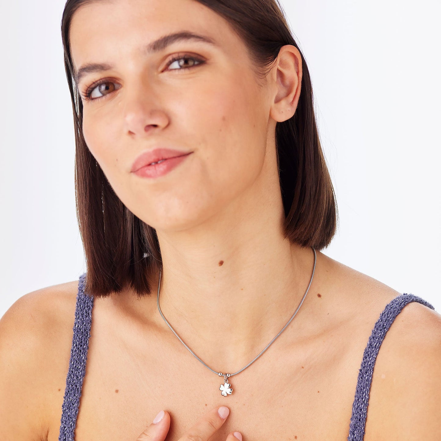 Collana Sagapò Click Acciaio Maglia Snake Pendente Quadrifoglio