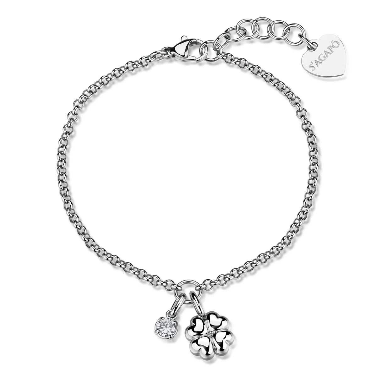 Bracciale Sagapò Click Acciaio Catena Maglia Rolò Doppio Pendente Quadrifoglio/Cubic Zirconia