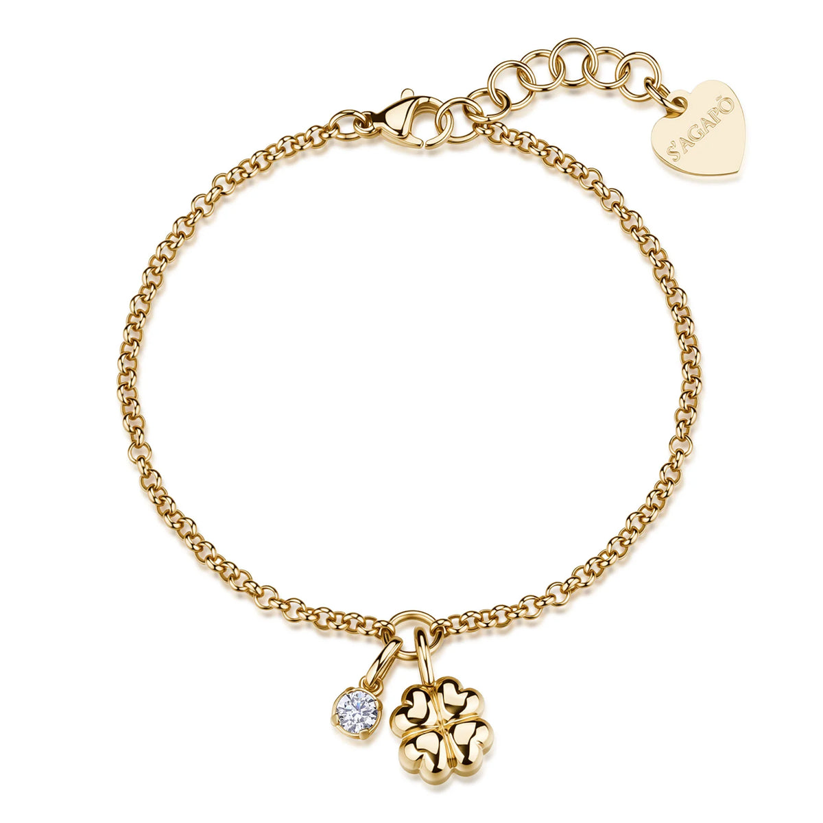 Bracciale Sagapò Click Acciaio Pvd Oro Catena Maglia Rolò Doppio Pendente Quadrifoglio/Cubic Zirconia