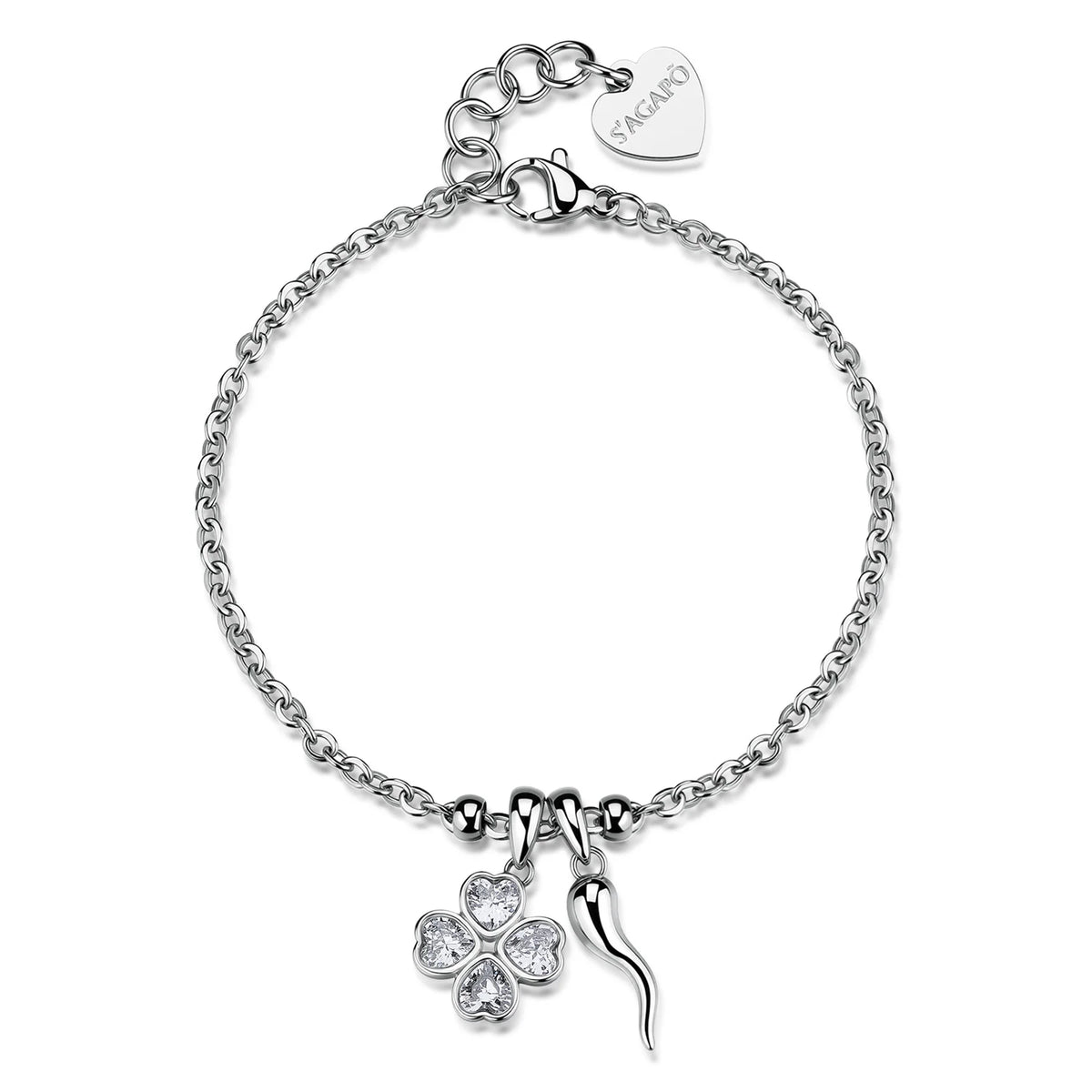 Bracciale Sagapò Feelings Acciaio Catena Maglia Forzatina Con Pendente Forma Di Cornetto E Quadrifoglio Cubic Zirconia