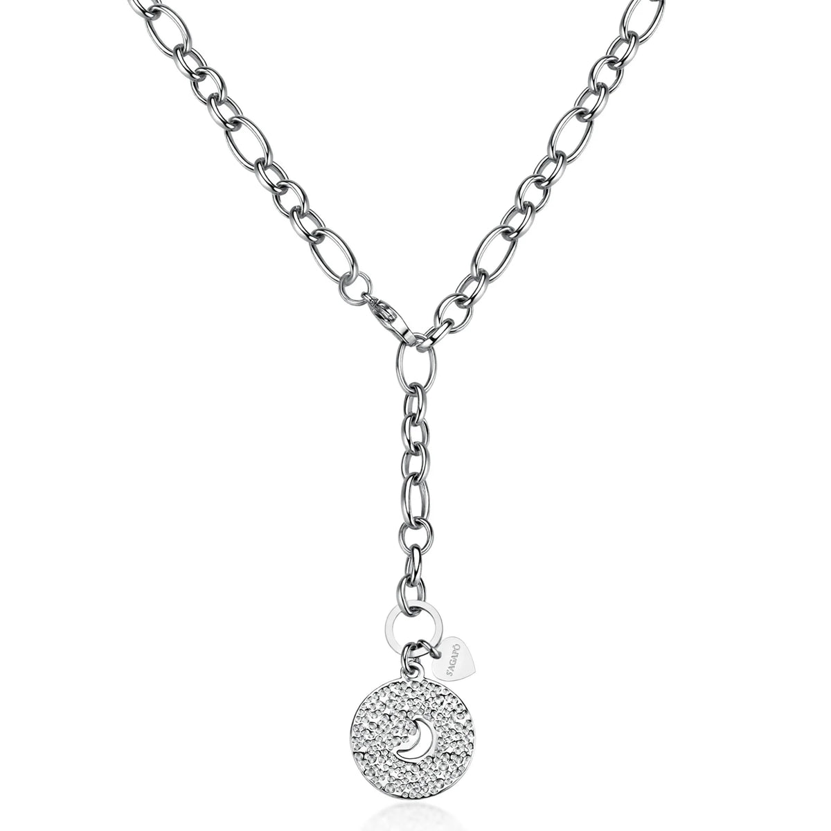 Collana A Y Sagapò Gipsy Acciaio Catena Maglia Figaro Pendente Martellato E Simbolo Della Luna