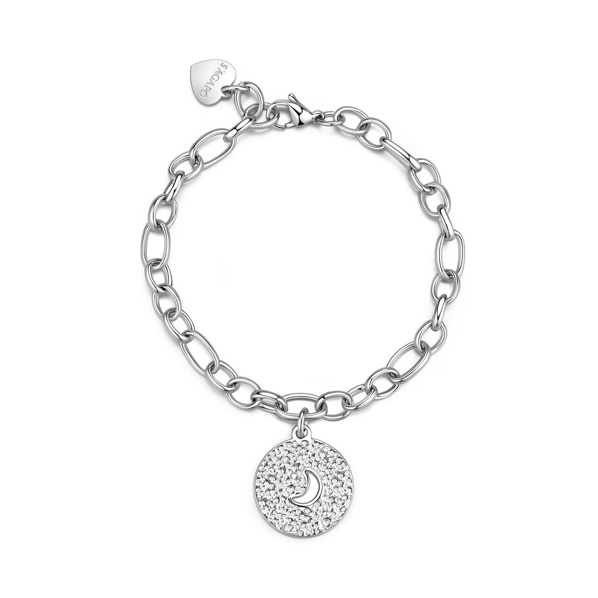 Bracciale Sagapò Gipsy Acciaio Catena Maglia Figaro Con Pendente Martellato E Simbolo Della Luna