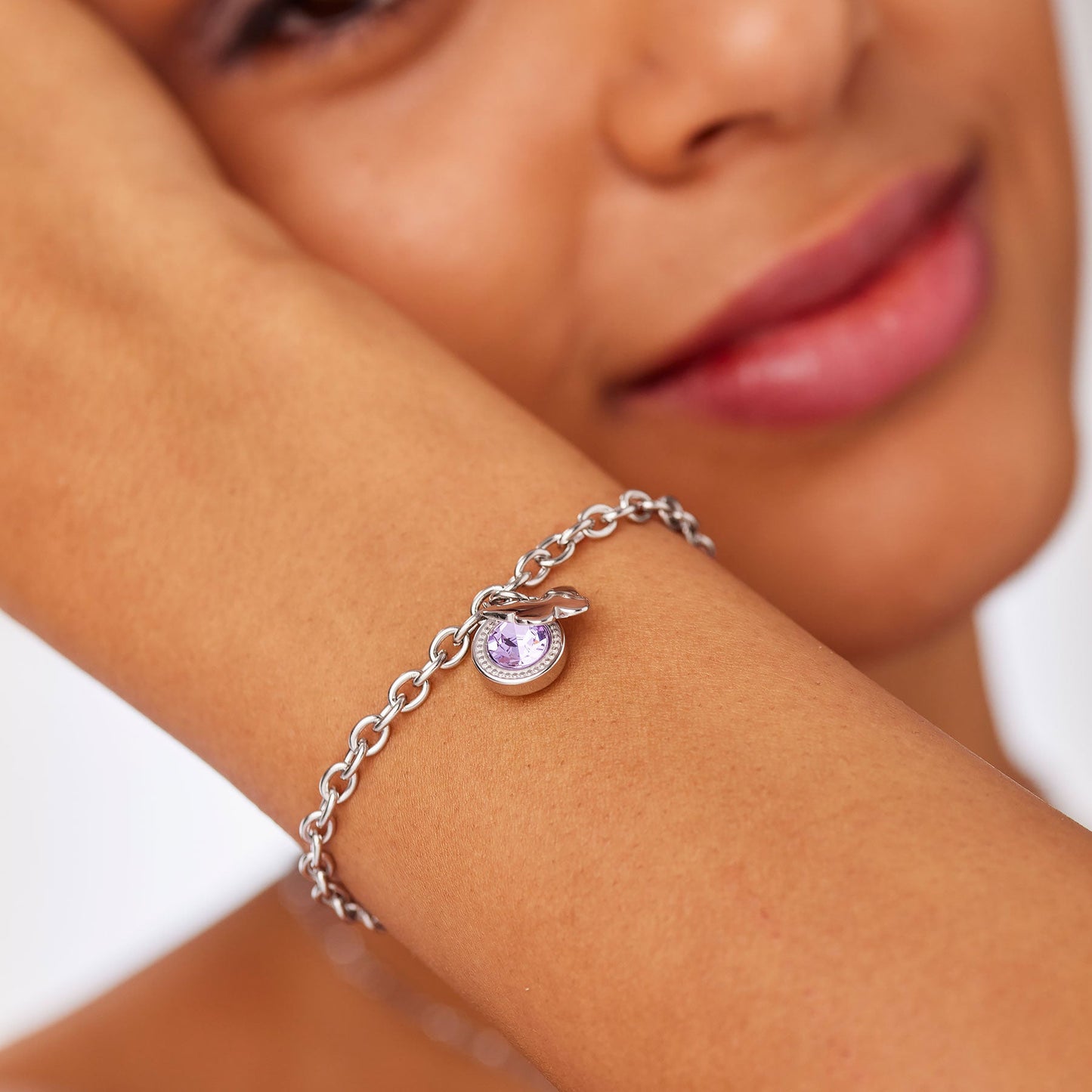 Bracciale Sagapò Lucky Light Acciaio Charms Punto Luce Lilla E Farfalla