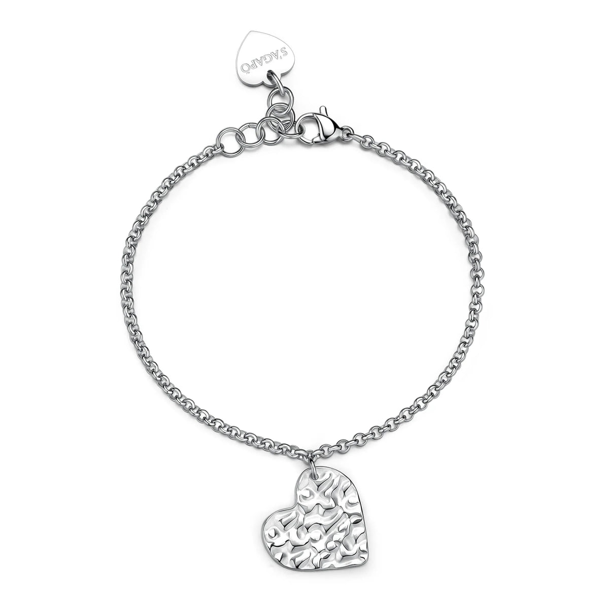 Bracciale Sagapò Emotion In Acciaio Catena A Maglia Rolò Pendente Cuore Texture Martellata