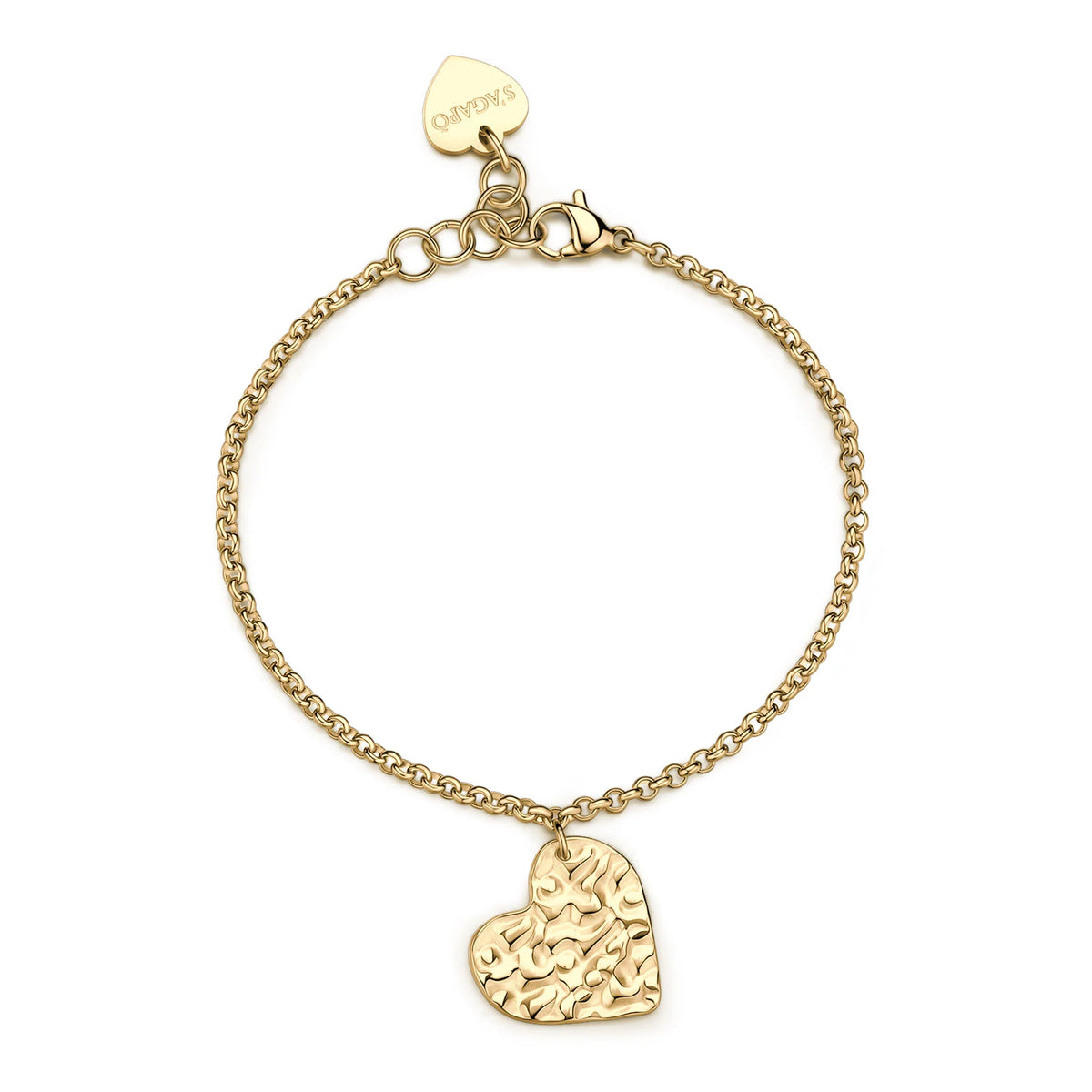 Bracciale Sagapò Emotion Acciaio Pvd Oro Catena A Maglia Rolò Pendente Cuore Texture Martellata Mm.185 Regolabile