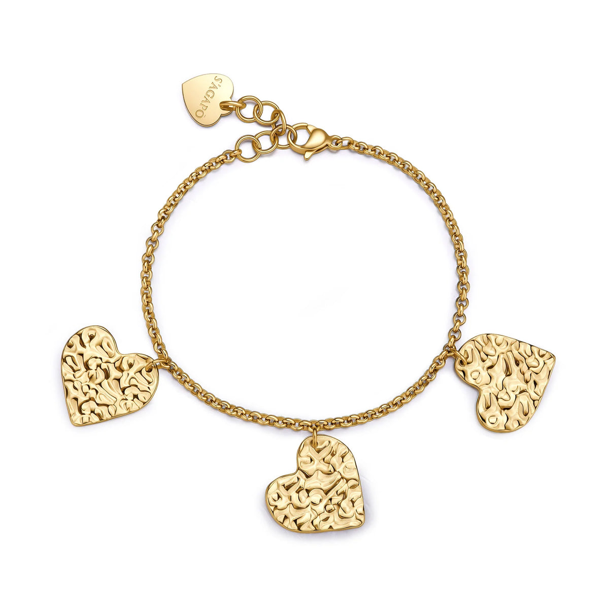Bracciale Sagapò Emotion Acciaio Pvd Oro Catena A Maglia Rolò 3 Cuori Texture Martellata