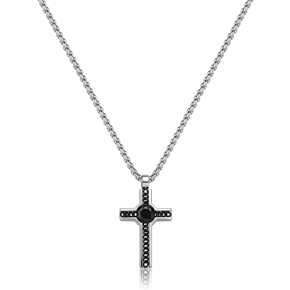 Collana Sagapò Proud Acciaio Catena A Maglia Veneziana Pendente Croce Dettaglio Pvd Nero E Cristallo